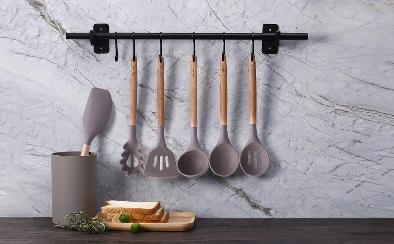 Maphyton Mapthon Silicone Cooking Kitchen Utensils Set 6 PCS with Wooden Handle for Non-Sticker Cookware Heat-Resistant Kitchen Gadgets Serving Spoons, Slotted Turner, Spatula, Spaghetti Server(Grey) - Image 2